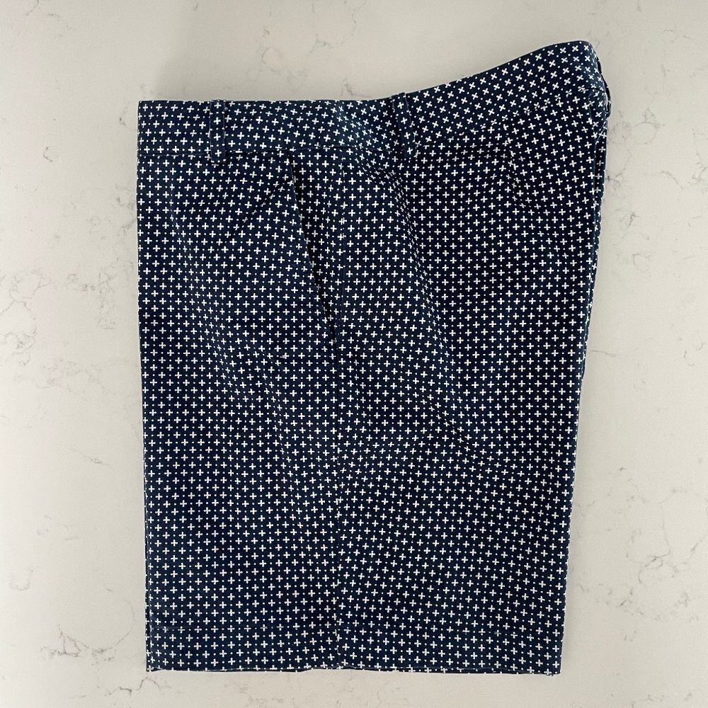 Izod Athletic Cotton Spandex 6.5" Sporty Golf Print Pattern Shorts Navy+Wht Sz 8